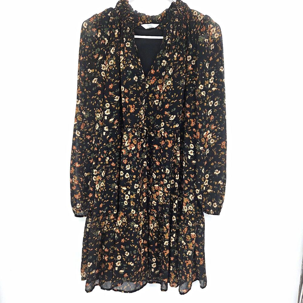 Time and Tru Womens Black Floral Chiffon V-Neck Balloon Sleeve Dress Large Lined